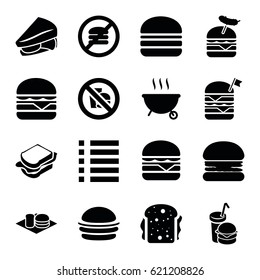 Burger icons set. set of 16 burger filled icons such as burger, sandwich, menu, no fast food