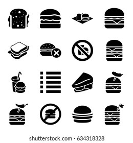 Burger icons set. set of 16 burger filled icons such as no fast food, burger, sandwich