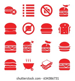Burger icons set. set of 16 burger filled icons such as no fast food, burger, sandwich, menu