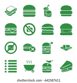 Burger icons set. set of 16 burger filled icons such as no fast food, sandwich, double burger with flag, menu