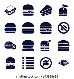 Burger icons set. set of 16 burger filled icons such as no fast food, sandwich, double burger with flag