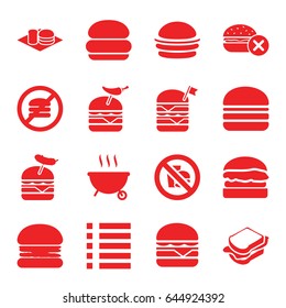 Burger icons set. set of 16 burger filled icons such as no fast food, burger, sandwich, menu