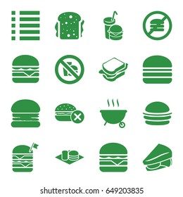Burger icons set. set of 16 burger filled icons such as no fast food, burger, sandwich, menu