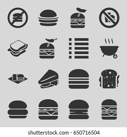 Burger icons set. set of 16 burger filled icons such as burger, sandwich, menu, no fast food