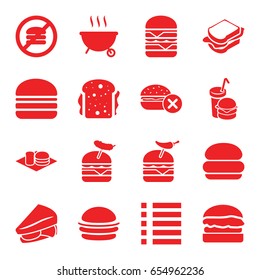 Burger icons set. set of 16 burger filled icons such as no fast food, sandwich, menu