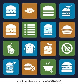 Burger icons set. set of 16 burger filled icons such as no fast food, burger, sandwich, menu