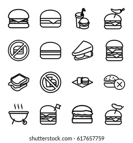Burger icons set. set of 16 burger outline icons such as no fast food, sandwich, double burger with flag