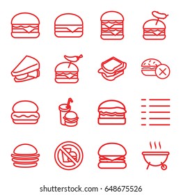 Burger icons set. set of 16 burger outline icons such as no fast food, burger, sandwich, menu