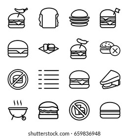 Burger icons set. set of 16 burger outline icons such as no fast food, burger, sandwich, menu