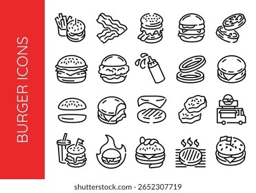 Burger icons. Set of 20 Burger trendy minimal icons. Example: Cheeseburger, Bacon, Ketchup, Food Truck, Fries icon. Design signs for web page, mobile app, packaging design. Vector illustration