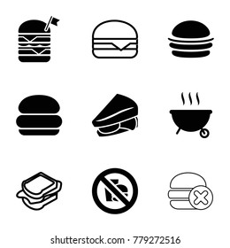 Burger icons. set of 9 editable filled and outline burger icons such as burger, sandwich, no fast food