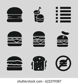 Burger icons set. set of 9 burger filled icons such as burger with sausage, sandwich, menu