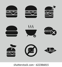 Burger icons set. set of 9 burger filled icons such as no fast food, double burger with flag