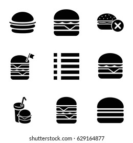 Burger icons set. set of 9 burger filled icons such as no fast food, burger
