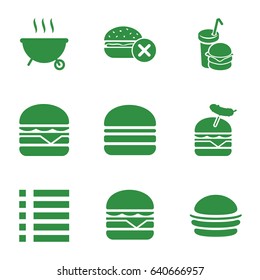 Burger icons set. set of 9 burger filled icons such as no fast food, burger, menu