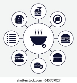 Burger icons set. set of 9 burger filled icons such as no fast food, burger with pepper, sandwich, menu