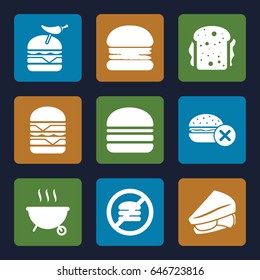 Burger icons set. set of 9 burger filled icons such as no fast food, sandwich