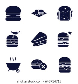 Burger icons set. set of 9 burger filled icons such as no fast food, sandwich