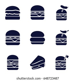 Burger icons set. set of 9 burger filled icons such as sandwich