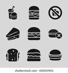 Burger icons set. set of 9 burger filled icons such as no fast food, burger