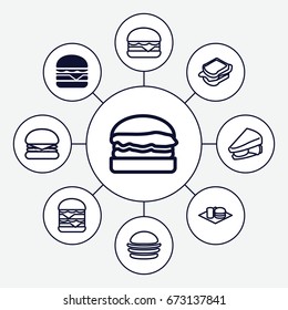 Burger icons set. set of 9 burger filled and outline icons such as cheeseburger