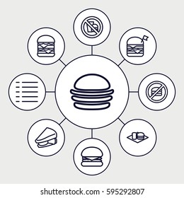 burger icons set. Set of 9 burger outline icons such as sandwich, menu