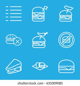 Burger icons set. set of 9 burger outline icons such as no fast food, sandwich, double burger with flag