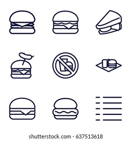 Burger icons set. set of 9 burger outline icons such as sandwich, burger with sausage, menu