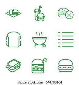 Burger icons set. set of 9 burger outline icons such as no fast food, sandwich, menu