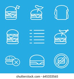 Burger icons set. set of 9 burger outline icons such as no fast food, double burger with flag, sandwich