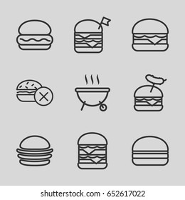 Burger icons set. set of 9 burger outline icons such as no fast food, burger