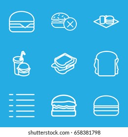 Burger icons set. set of 9 burger outline icons such as no fast food, sandwich, cheeseburger