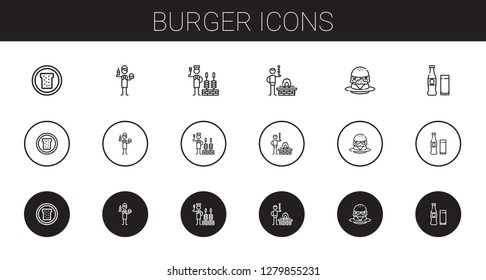 burger icons set. Collection of burger with bread, burguer, churrasco, bbq, beverage. Editable and scalable burger icons.