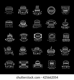 Burger Icons Set - Isolated On Black Background - Vector Illustration, Graphic Design. Food Concept, Thin Line