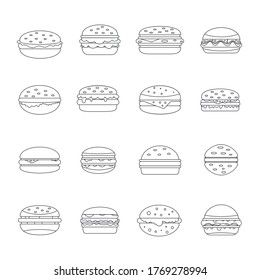 Burger icons set. Outline illustration of 16 burger vector icons for web