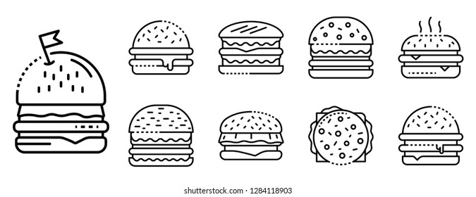 Burger icons set. Outline set of burger vector icons for web design isolated on white background