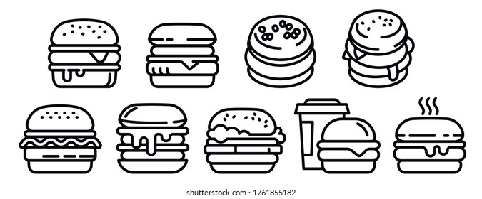 Burger-Symbole gesetzt. Rahmenset für Hamburger Vektorsymbole für Webdesign einzeln auf weißem Hintergrund