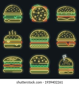Burger icons set. Outline set of burger vector icons neon color on black