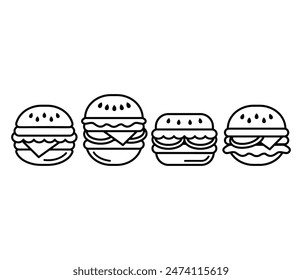 burger icons vector design simple line black white colors flat illustration collection sets