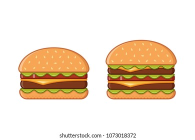 Burger icons. Vector. Fast food, junk colorful cooking elements. Set outline unhealthy meal in flat line art style. Restaurant or cafe snacks.