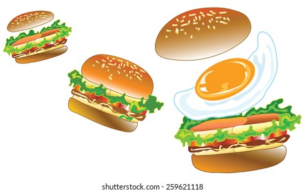 Burger illustrate flying show detail inside have egg pork or beef and vegetable potato tomato look delicious cartoon graphic design for menu, label, brochoure advertiment 