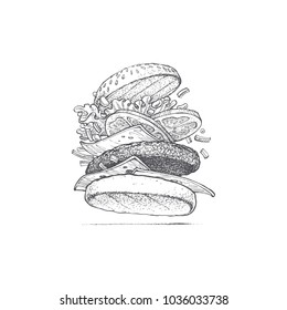 Burger Illustration By Hand, Fast Food, Appetizing Sandwich, Iconic Food, Retro Style, Fashion Graphic, Vector Image