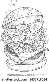 burger illustration by hand, fast food, appetizing sandwich, iconic food, retro style, fashion graphic, vector image