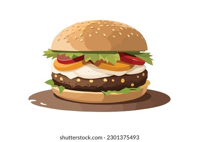 Burger illustration with cheese, fries, and soda. Delicious fast food meal in a fun cartoon style. Perfect for restaurant menus and food blogs. Vector format available. #burger #fastfood #illustration