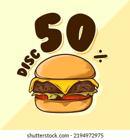 Burger illustration with disc 50%, easy to edit or remove text, suitable for element design, available vector file EPS10