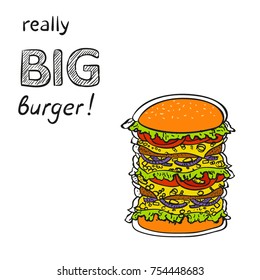 Burger illustration and inscription in hand drawn, hamburger vector