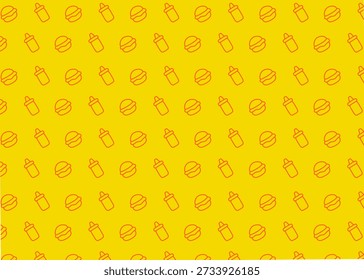 Un patrón de ilustración de hamburguesa con contorno naranja y fondo amarillo, envases de alimentos, ilustración de menú	