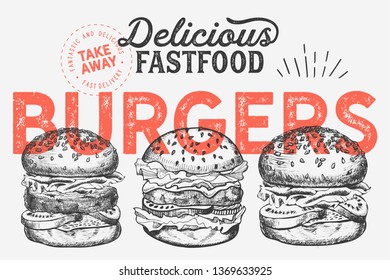 Burger illustration for restaurant on vintage background. Vector hand drawn poster for fast food cafe and hamburger truck. Design with lettering and doodle graphic vegetables.