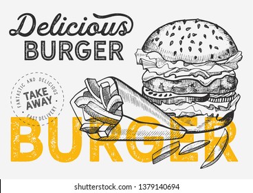 Burger illustration for restaurant on vintage background. Vector hand drawn poster for fast food cafe and hamburger truck. Design with lettering and doodle graphic vegetables.