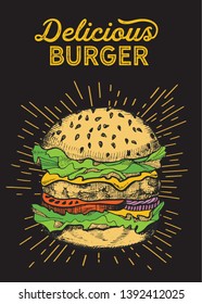 Burger illustration for restaurant on vintage background. Vector hand drawn poster for fast food cafe and hamburger truck. Design with lettering and doodle graphic vegetables.